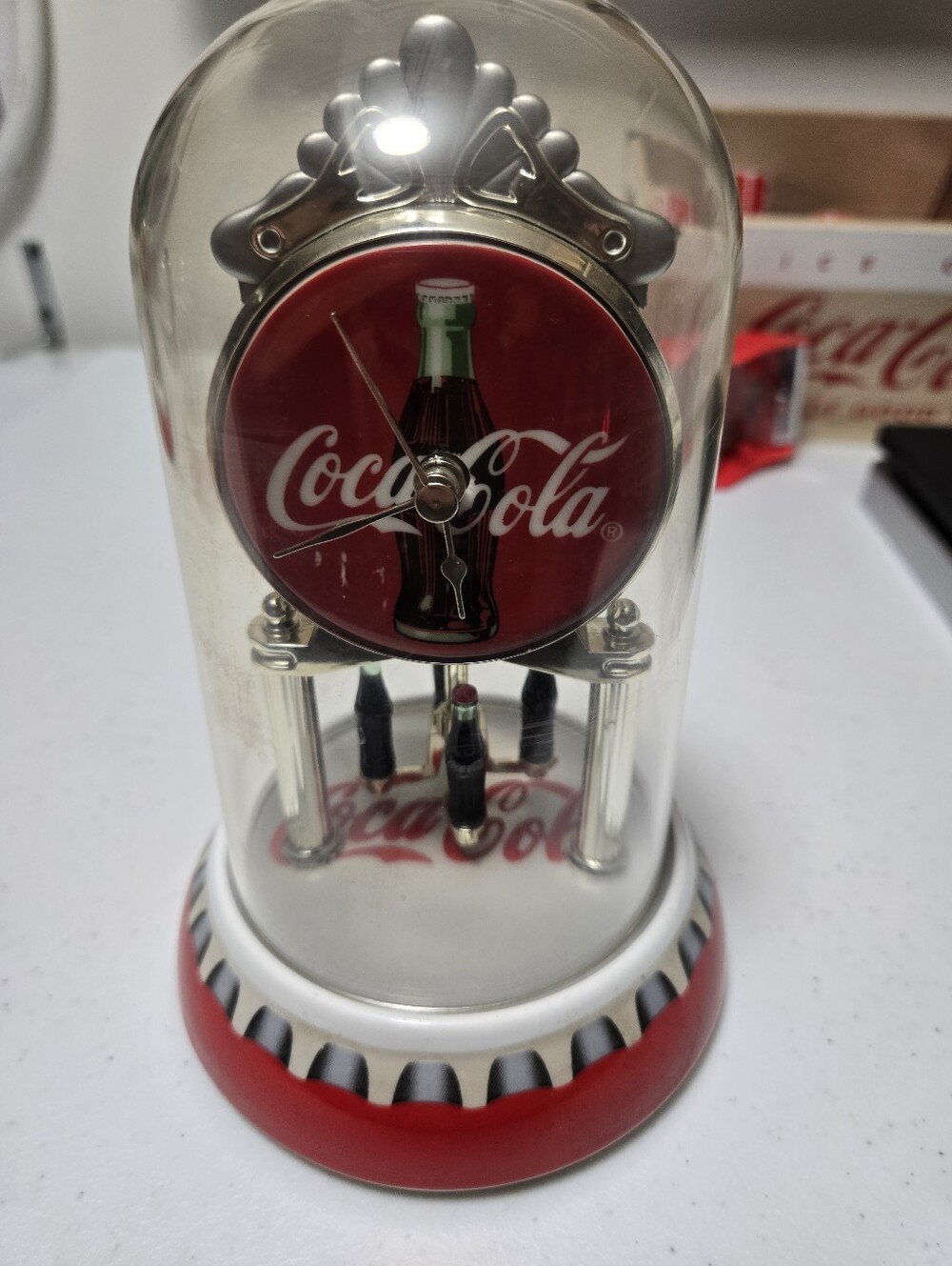 Collectible 7.5"H 2001 Coca-Cola Anniversary Pendulum Dome Clock Working Cond.